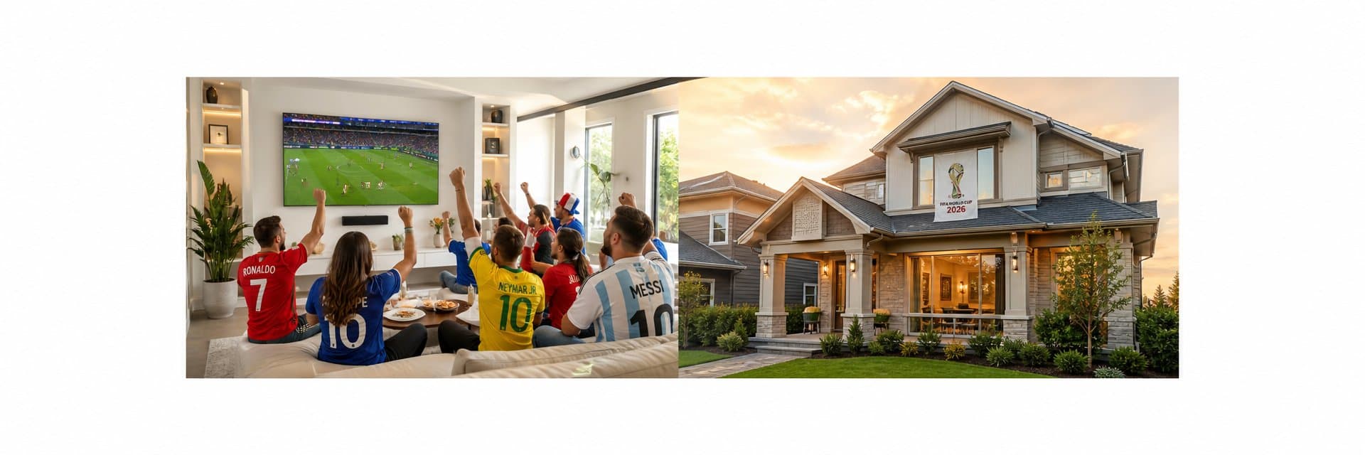 World Cup 2026 opening day — international fans celebrating a live match in a spacious vacation rental living room, jerseys and flags on display