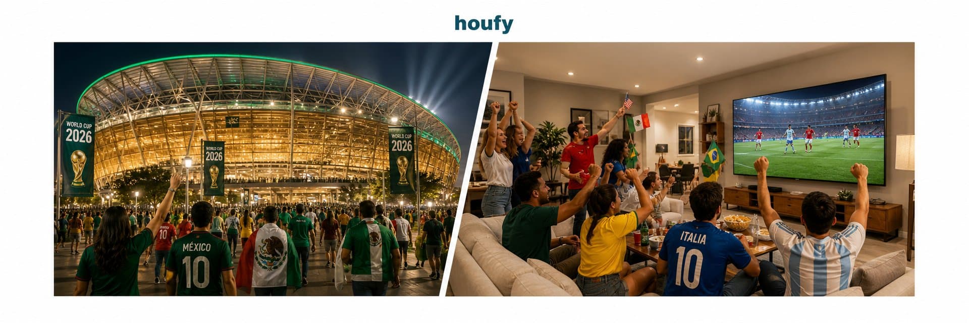 split-screen of a FIFA World Cup 2026 stadium at night with crowds on the left and international fans celebrating inside a modern vacation rental on the right