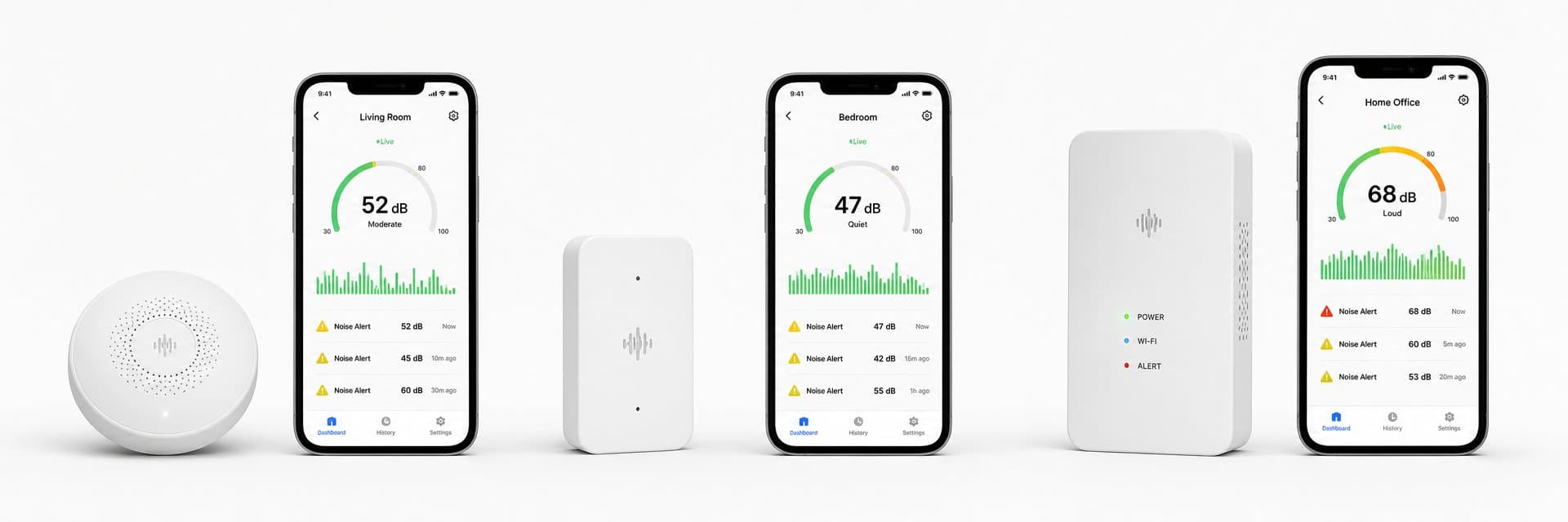 Three vacation rental noise monitoring sensors side by side with smartphone apps showing real-time decibel readings and noise alert dashboards — compare Minut, NoiseAware, and Alertify