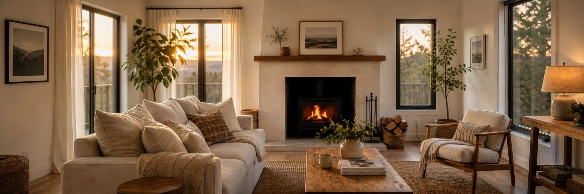 Warm vacation rental living room at golden hour with a wood-burning fireplace, linen sofa, and sunlight through sheer curtains