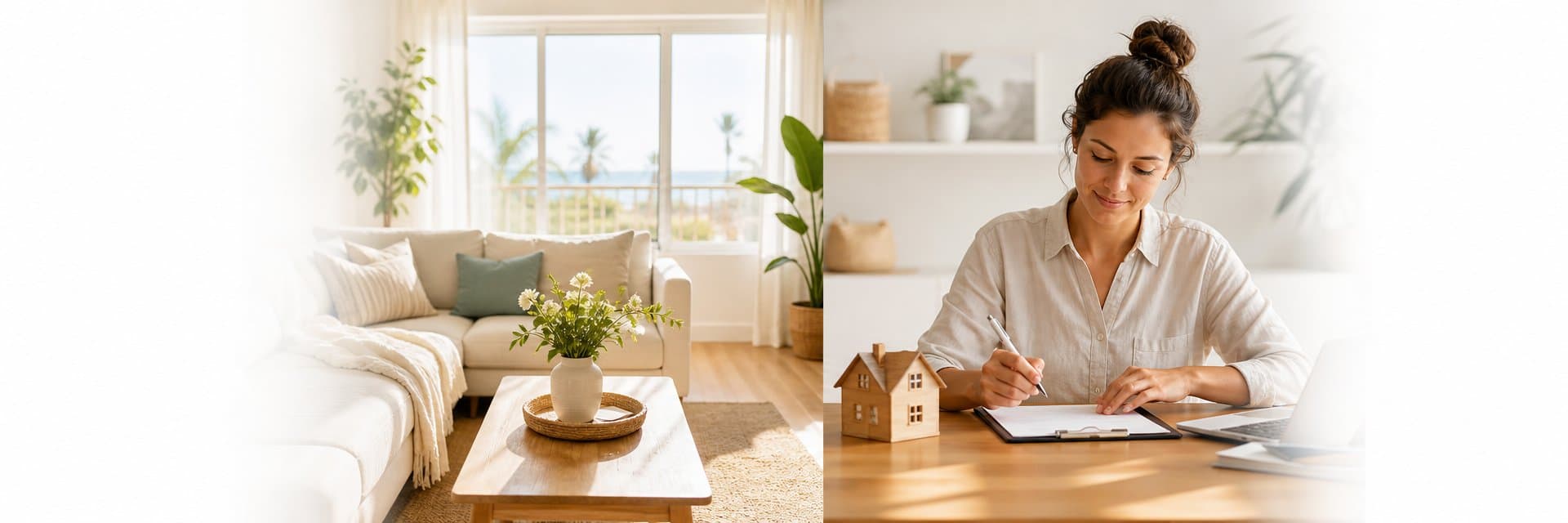 Host writing vacation rental house rules at a desk beside a welcoming short-term rental living room